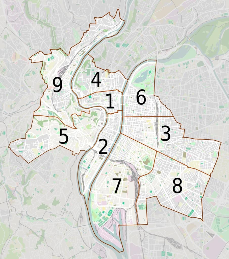 地図のリヨンarrondissements