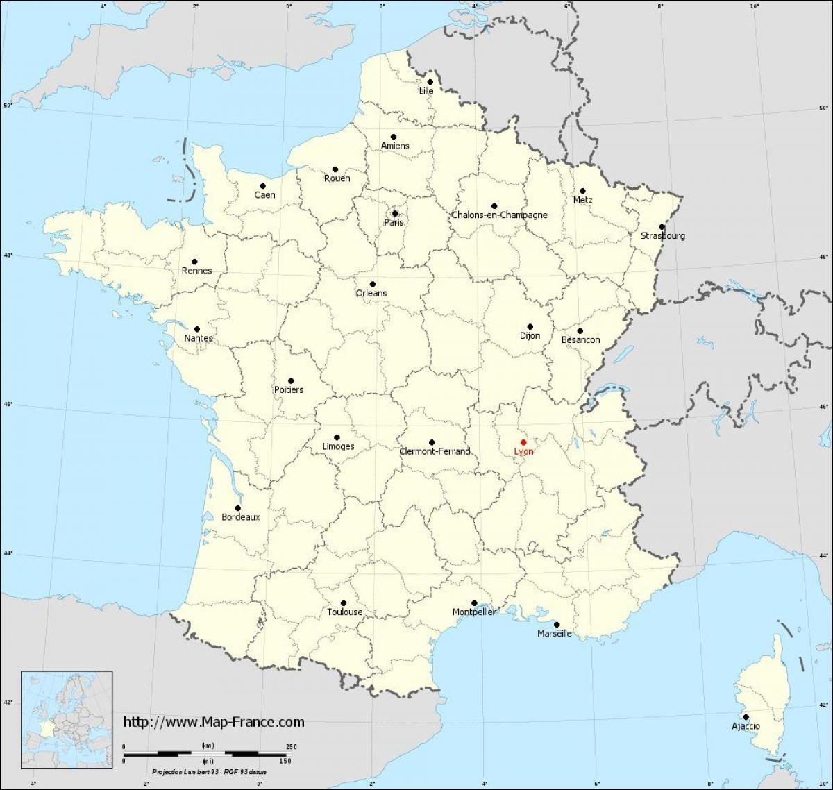 場所はリヨンフランスの地図